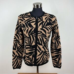 Talbots Vintage 100% Cotton Fern/Palm Tan & Black Zip Sweater